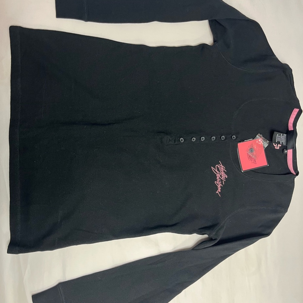 Black Long Sleeve Henley Shirt with Pink Accents